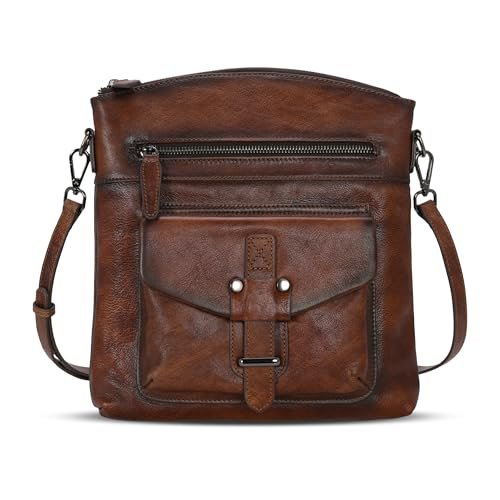HESHE 本革製レディースショルダーバッグ、カフェ、ミディアム